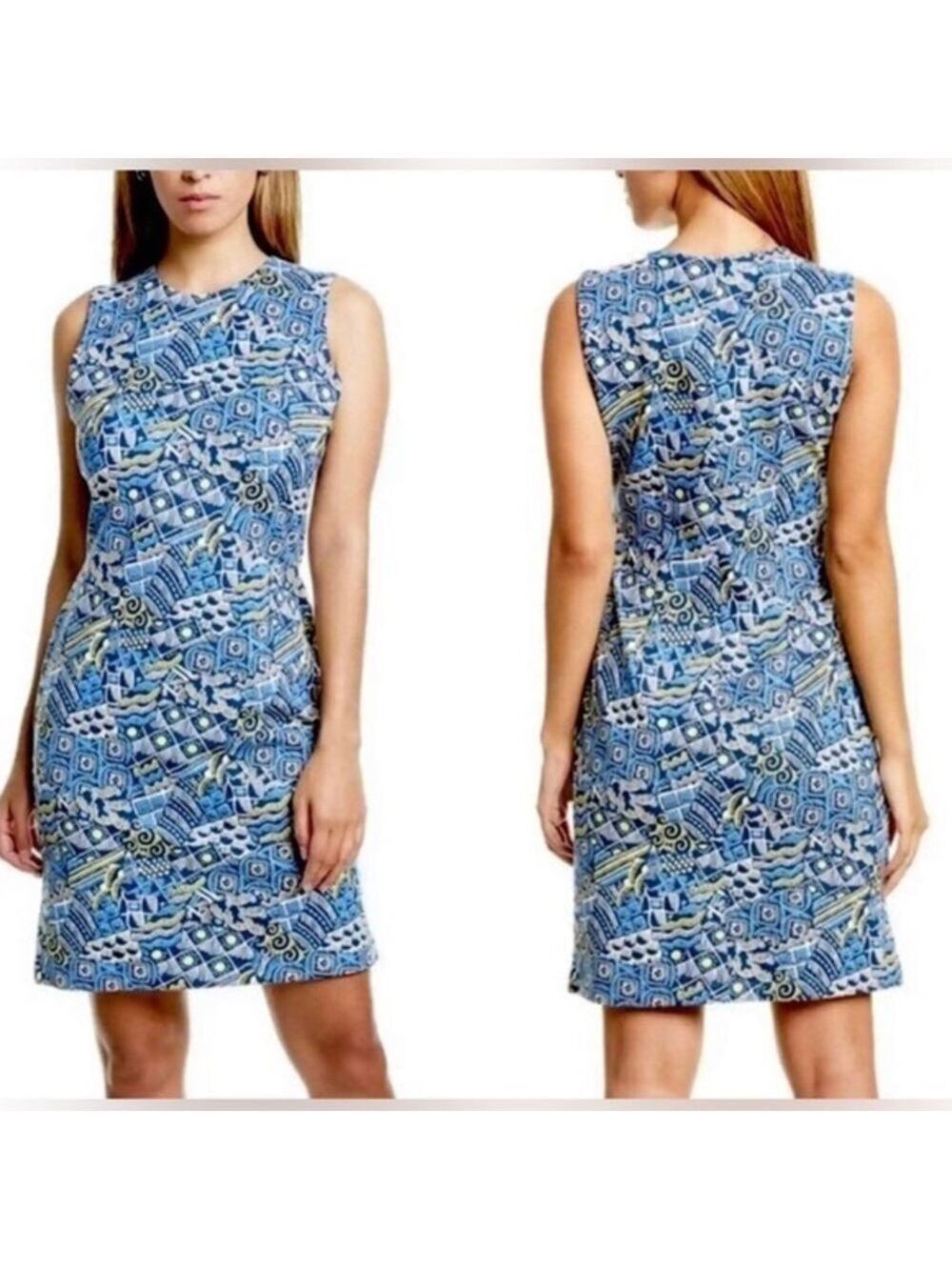J. McLaughlin Women’s Shift Dress Devon Talavera Print Navy Blue /Yellow M